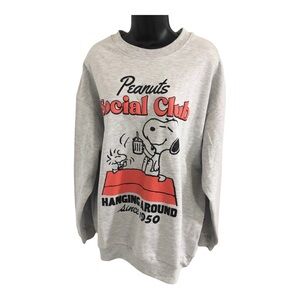 Peanut’s Snoopy and woodstock siiting on red doghouse gray sweatshirt size large